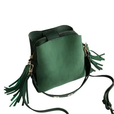 Vintage Female Zipper Leather Bucket Bag With Tassel For Daily Use