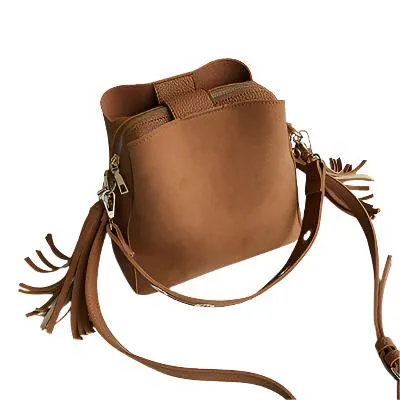 Vintage Female Zipper Leather Bucket Bag With Tassel For Daily Use