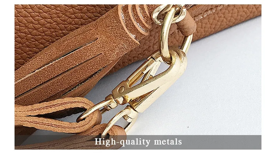 Vintage Female Zipper Leather Bucket Bag With Tassel For Daily Use