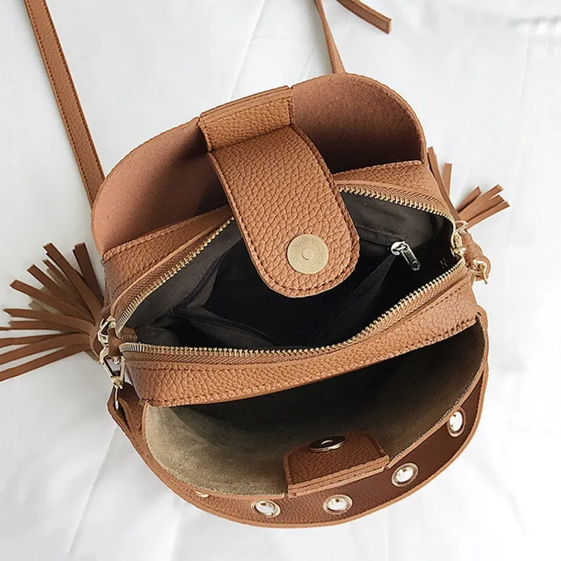 Vintage Female Zipper Leather Bucket Bag With Tassel For Daily Use