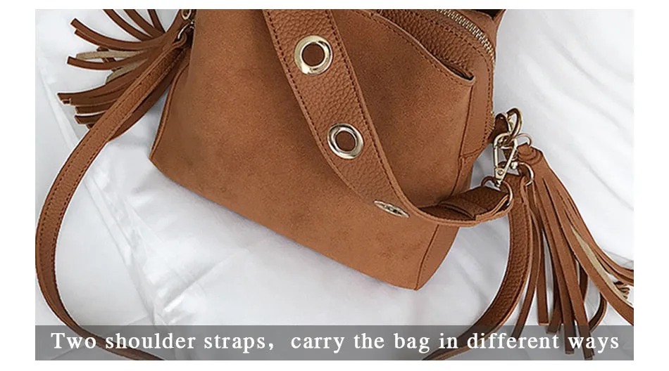 Vintage Female Zipper Leather Bucket Bag With Tassel For Daily Use