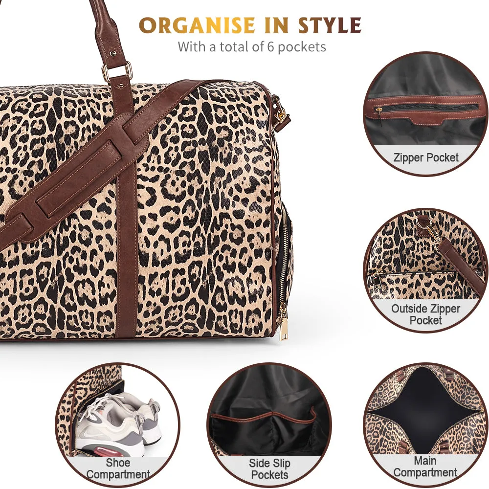 Viva Terry Large Travel Duffle Bag Vegan Leather with Shoe Compartment and Toiletry Bag (leopard)