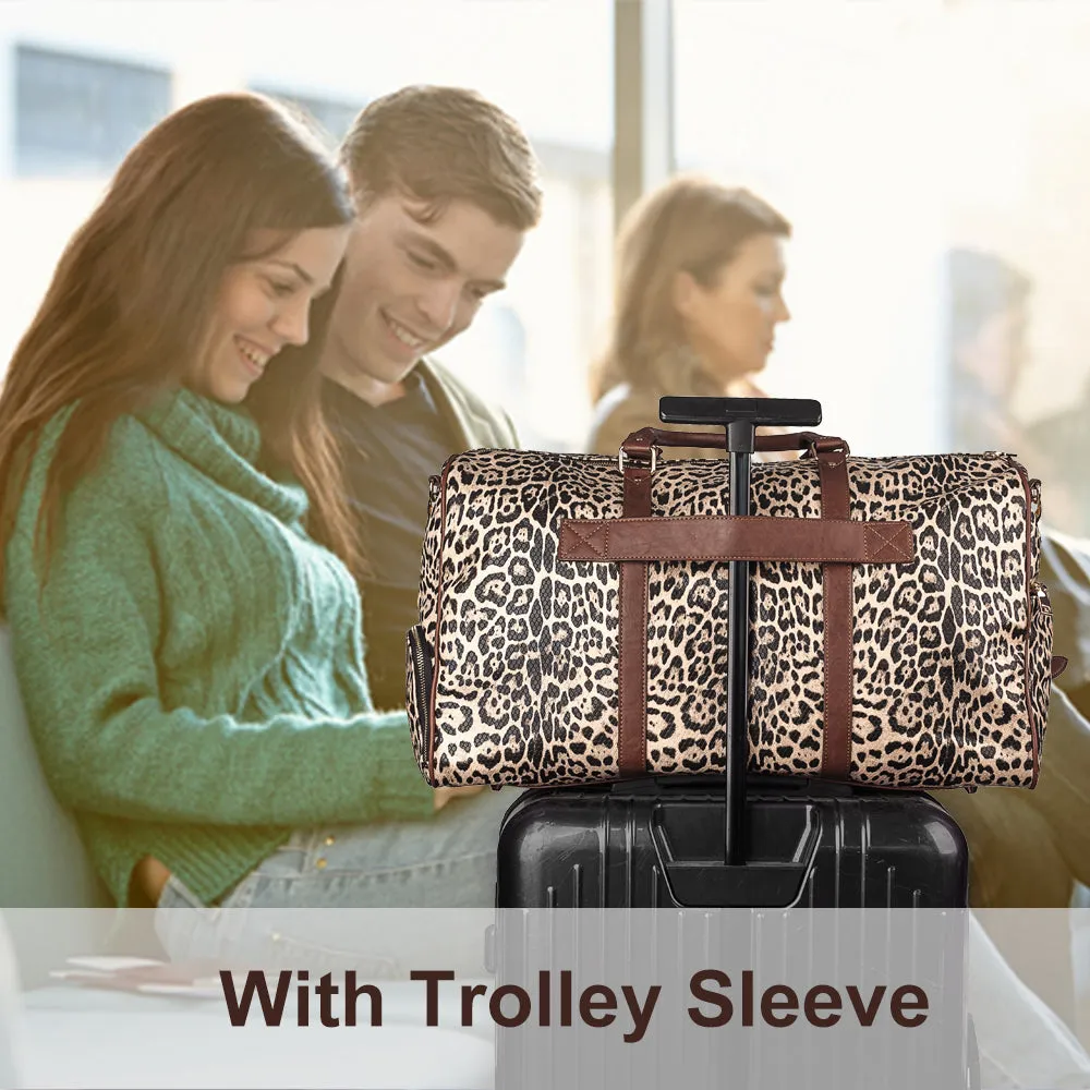 Viva Terry Large Travel Duffle Bag Vegan Leather with Shoe Compartment and Toiletry Bag (leopard)