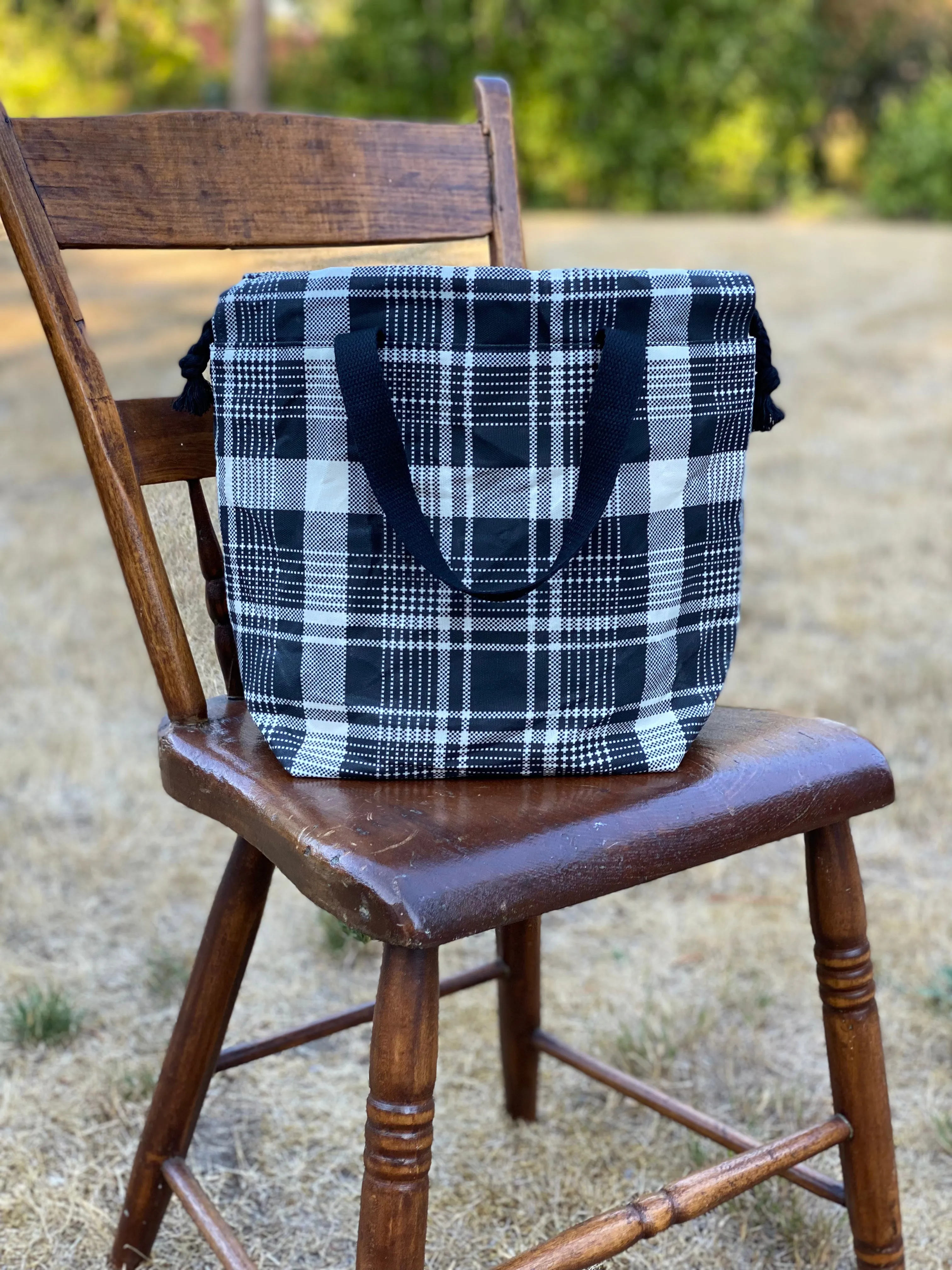 Waxed Canvas Plaid Project Bag,  Canvas Project Bag, Project Bag for Knitters, Crochet Project Bag,