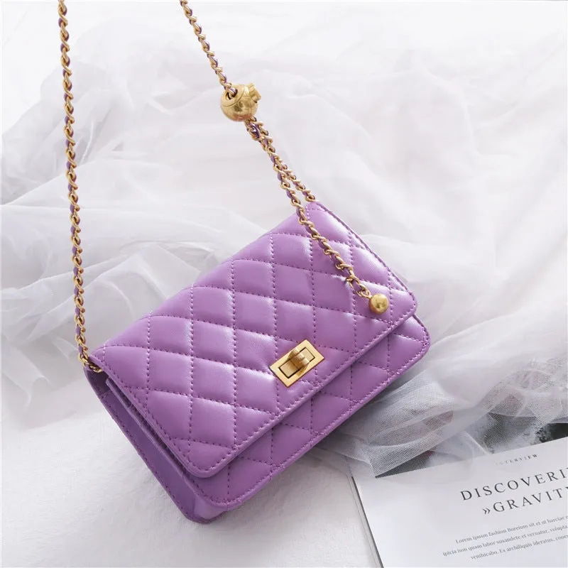 Women's Mini Quilted Leather Shoulder Cross Body Clutch Bag With Ball Chain