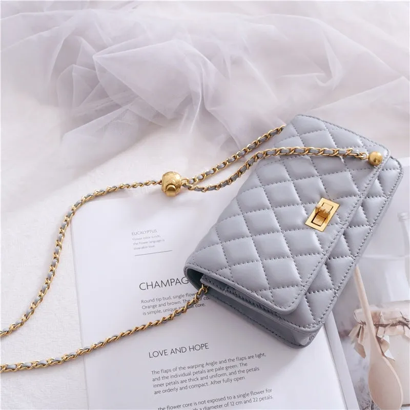 Women's Mini Quilted Leather Shoulder Cross Body Clutch Bag With Ball Chain