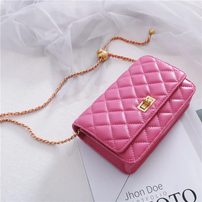 Women's Mini Quilted Leather Shoulder Cross Body Clutch Bag With Ball Chain