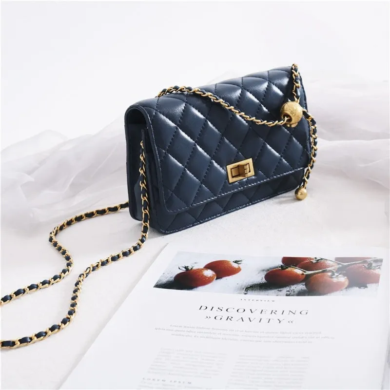 Women's Mini Quilted Leather Shoulder Cross Body Clutch Bag With Ball Chain