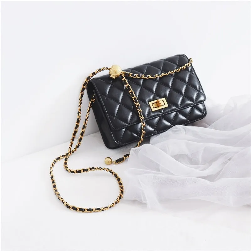 Women's Mini Quilted Leather Shoulder Cross Body Clutch Bag With Ball Chain