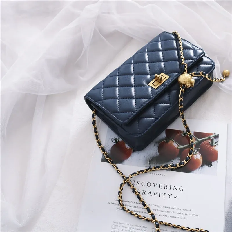 Women's Mini Quilted Leather Shoulder Cross Body Clutch Bag With Ball Chain