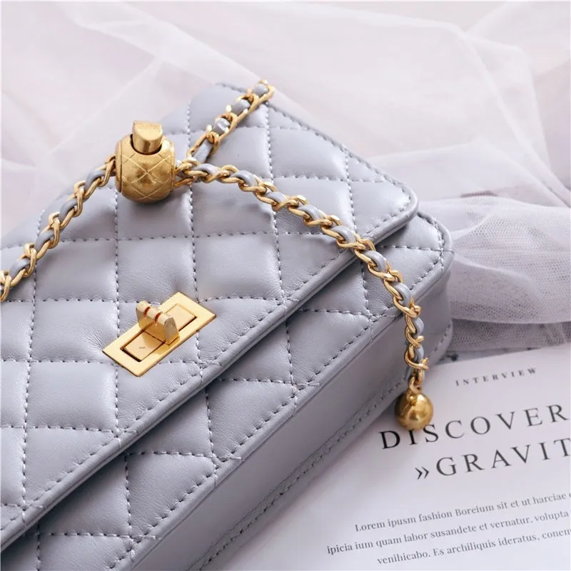 Women's Mini Quilted Leather Shoulder Cross Body Clutch Bag With Ball Chain