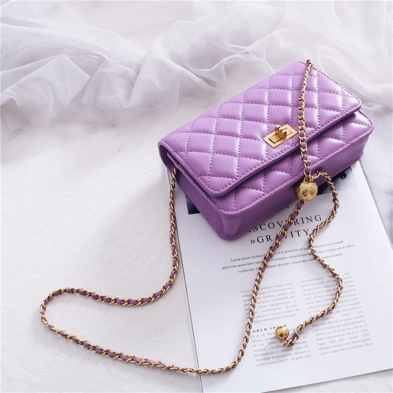 Women's Mini Quilted Leather Shoulder Cross Body Clutch Bag With Ball Chain