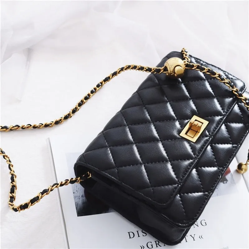 Women's Mini Quilted Leather Shoulder Cross Body Clutch Bag With Ball Chain