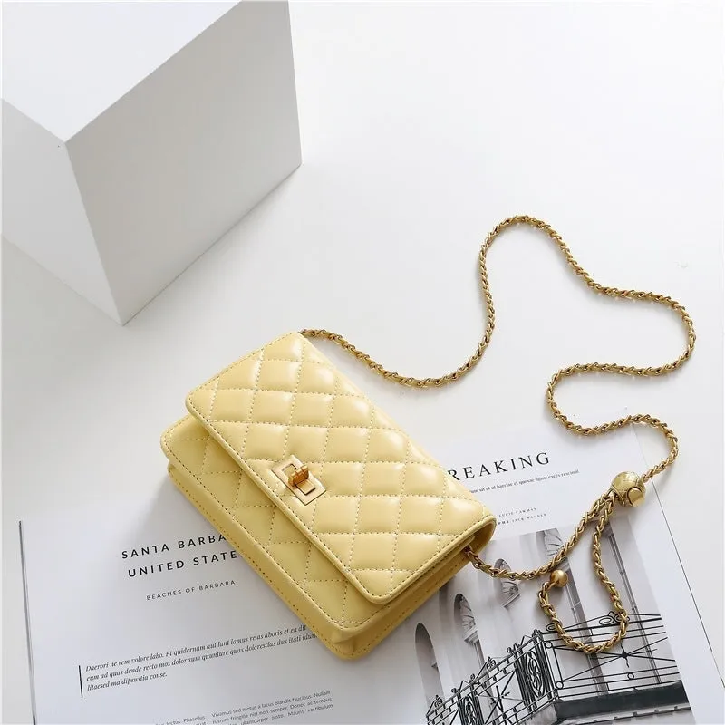 Women's Mini Quilted Leather Shoulder Cross Body Clutch Bag With Ball Chain