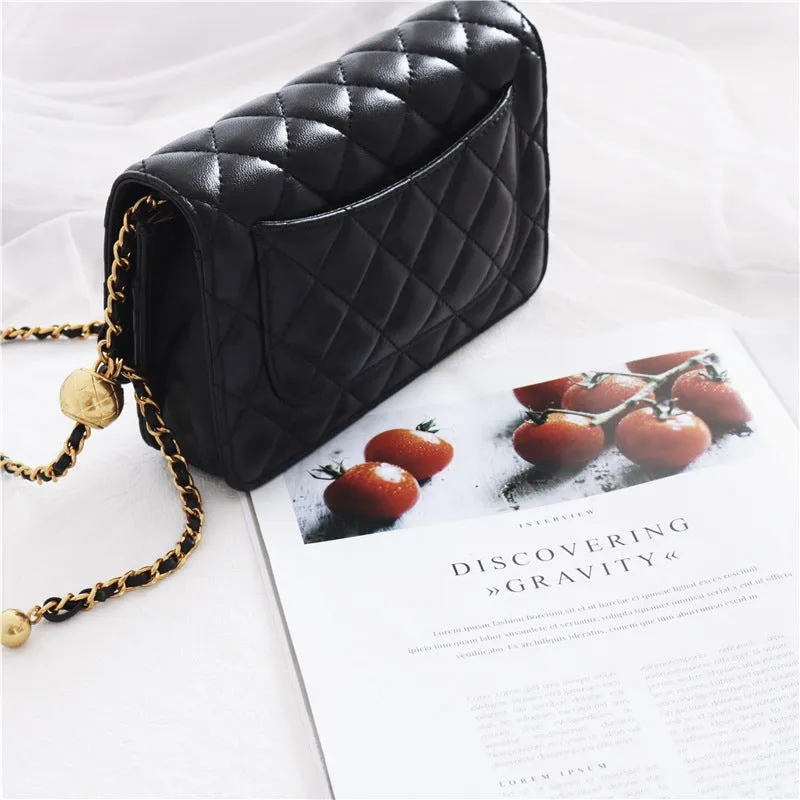 Women's Mini Quilted Leather Shoulder Cross Body Clutch Bag With Ball Chain