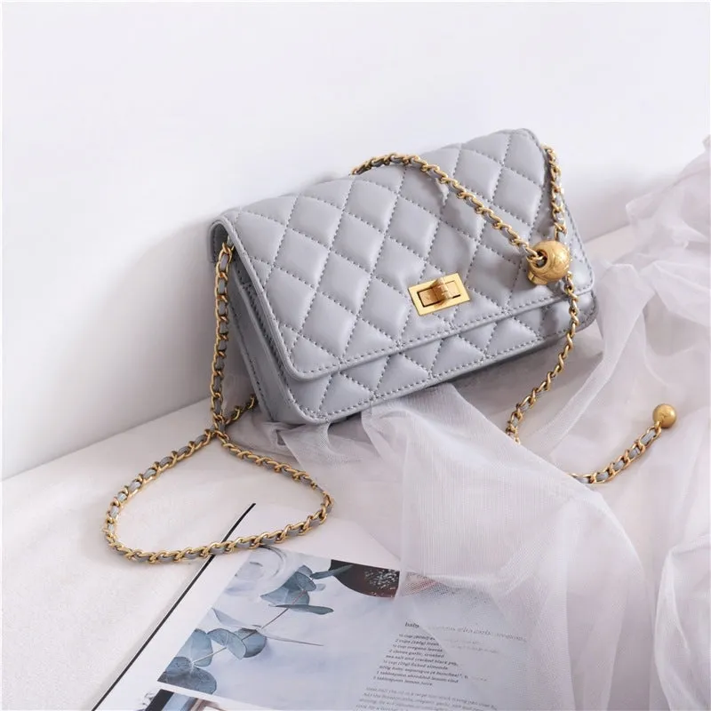 Women's Mini Quilted Leather Shoulder Cross Body Clutch Bag With Ball Chain